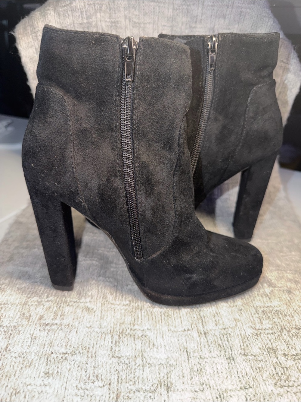 Black Suede High-Heel Ankle Boots with Side Zip